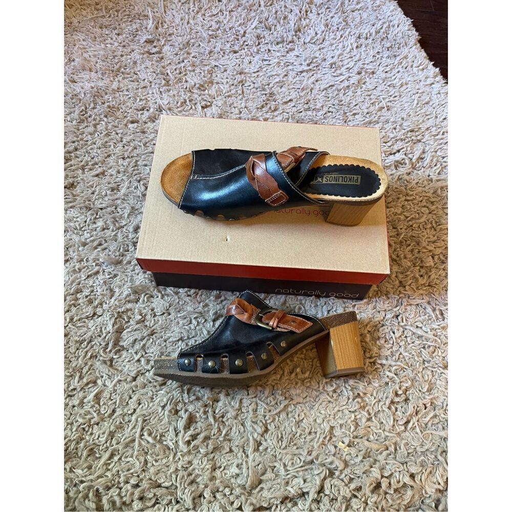 Pikolinos Womens Sandals Black Brown Leather Heeled Buckle/Stud 11